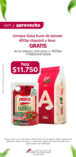 Combo Salsa de tomate fruco GRATIS arroz mercasur x 1000gr